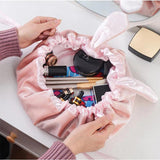 Round Velvet Soft Makeup Bag Drawstring Rabbit Ear Travel Make Up Organizer