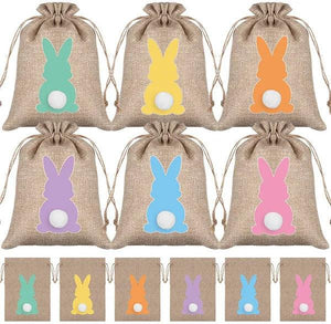 Easter Drawstring Bags, Bunny Print Burlap Bags for Baby Shower Wedding Party