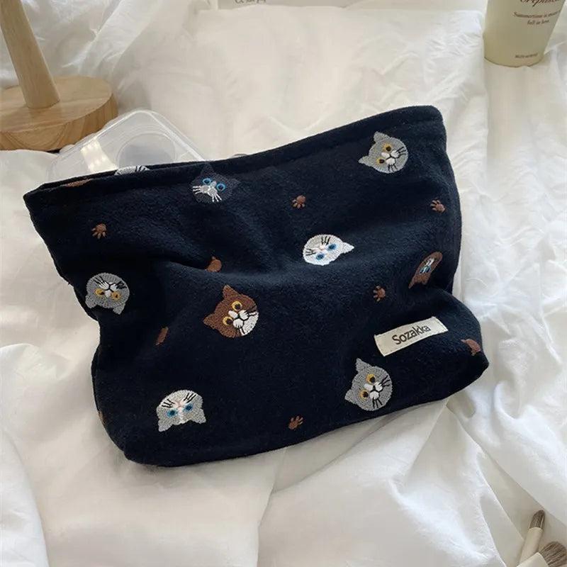 Embroidery Cat Cosmetic Bag Large Makeup Travel Beauty Case