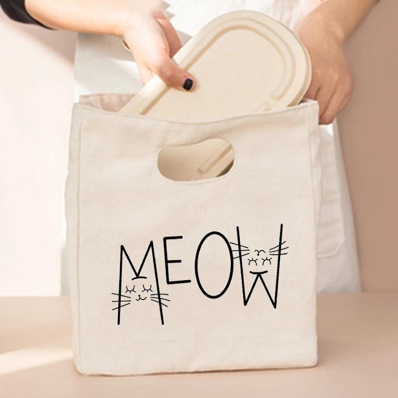 Cat Print Portable Lunch Bag Thermal Insulated Tote Cooler Handbag