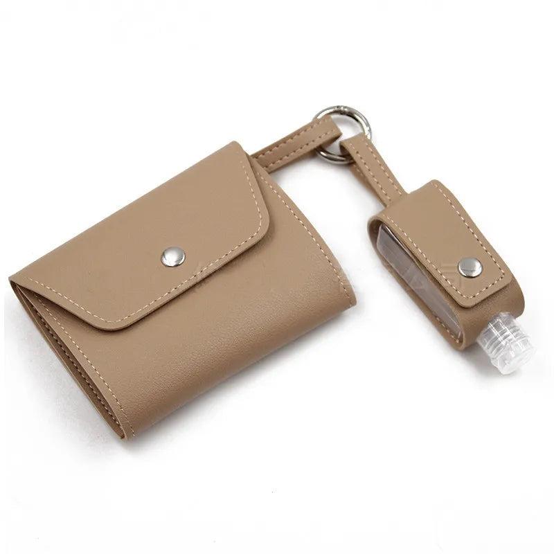 Mask Storage Bag w/ Hand Sanitizer Bottle PU Leather Key Chain Bag