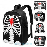 Skeleton Bleeding Heart USB Charge Backpack School Travel Laptop Bag