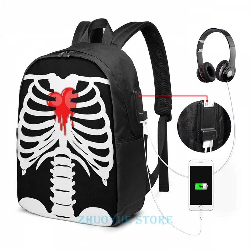 Skeleton Bleeding Heart USB Charge Backpack School Travel Laptop Bag