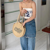 Round Straw Bag Bohemian Embroider Shoulder Beach Vacation Tote Handbag