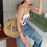 Round Straw Bag Bohemian Embroider Shoulder Beach Vacation Tote Handbag