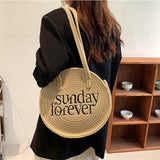Round Straw Bag Bohemian Embroider Shoulder Beach Vacation Tote Handbag