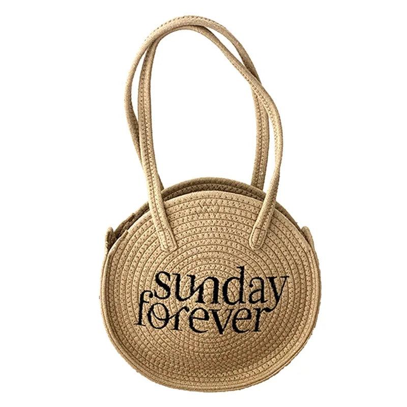 Round Straw Bag Bohemian Embroider Shoulder Beach Vacation Tote Handbag