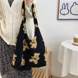 Plush Cartoon Bear Large Shoulder Bag with Decorative Button