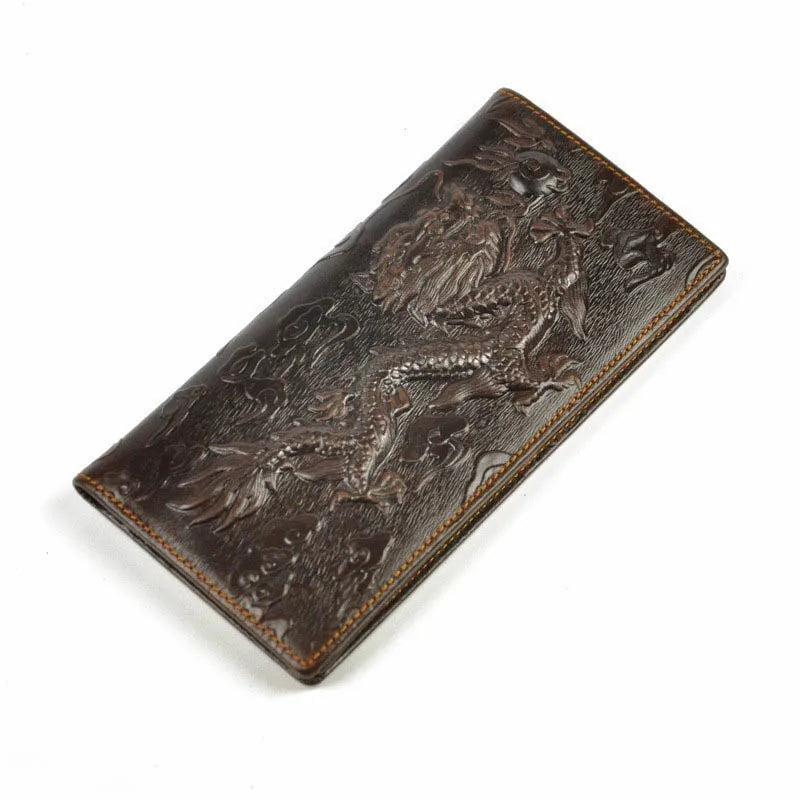 Men's Leather Dragon Wallet Bifold Long Wallet with Zipper Pocket