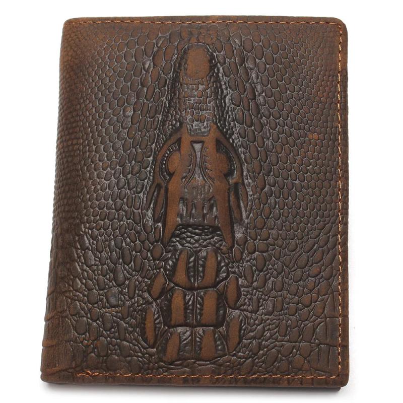 Top Grain Leather Crocodile Head Men Wallet Brown Crazy Horse