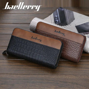 Men Leather Wallet Double Zipper Crocodile Stripe Brown Bag