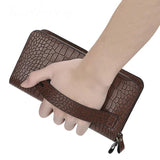 Men Leather Wallet Double Zipper Crocodile Stripe Brown Bag
