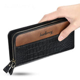 Men Leather Wallet Double Zipper Crocodile Stripe Brown Bag