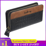 Men Leather Wallet Double Zipper Crocodile Stripe Brown Bag