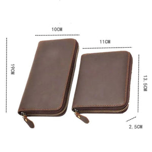 Vintage Crazy Horse Leather Long Wallet Men's Zipper Business Bag