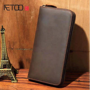 Vintage Crazy Horse Leather Long Wallet Men's Zipper Business Bag