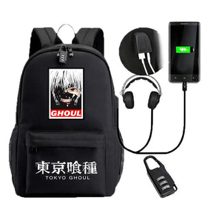 Tokyo Ghoul USB Backpack Bag School BookBag With Lock