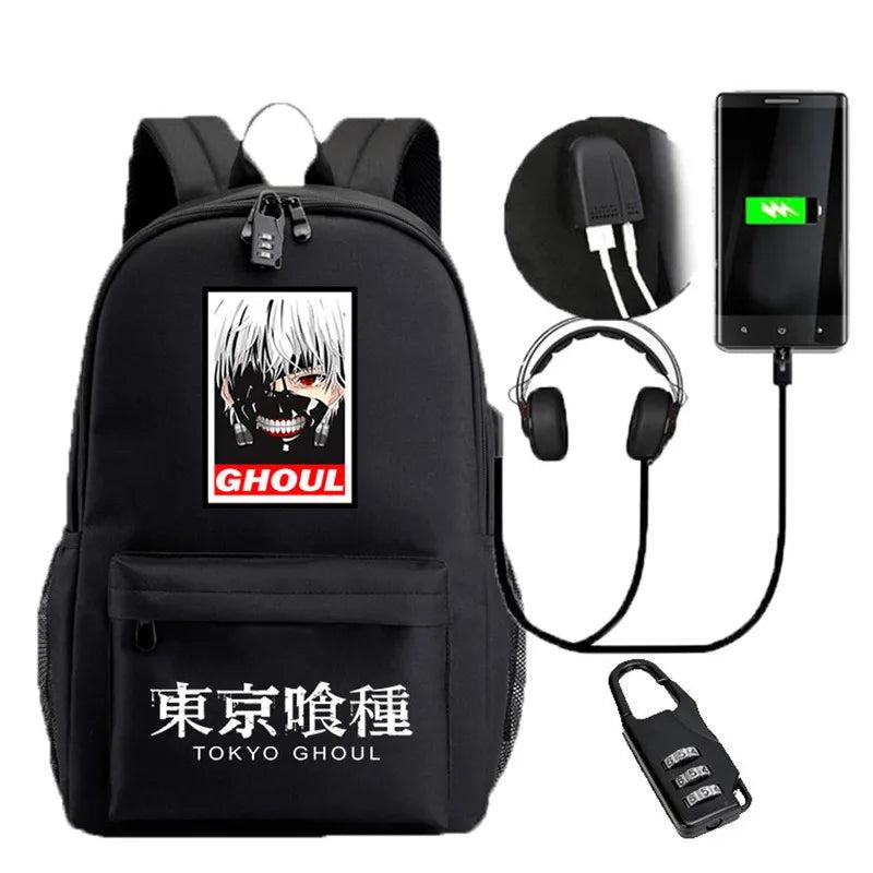 Tokyo Ghoul USB Backpack Bag School BookBag With Lock