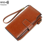Women's RFID Anti-theft Long Wallet Oil Wax PU Leather Retro Purses