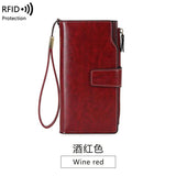 Women's RFID Anti-theft Long Wallet Oil Wax PU Leather Retro Purses