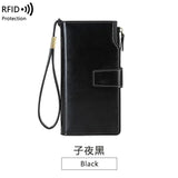 Women's RFID Anti-theft Long Wallet Oil Wax PU Leather Retro Purses