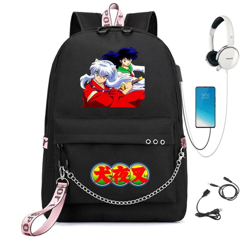 Inuyasha Nylon Backpack USB Charge Schoolbag Casual Student Teenager Knapsack