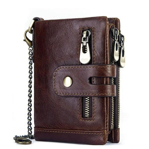Cowhide RFID Anti-Theft Leather Wallet with Iron Chains
