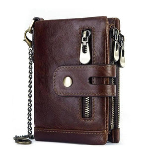 Cowhide RFID Anti-Theft Leather Wallet with Iron Chains