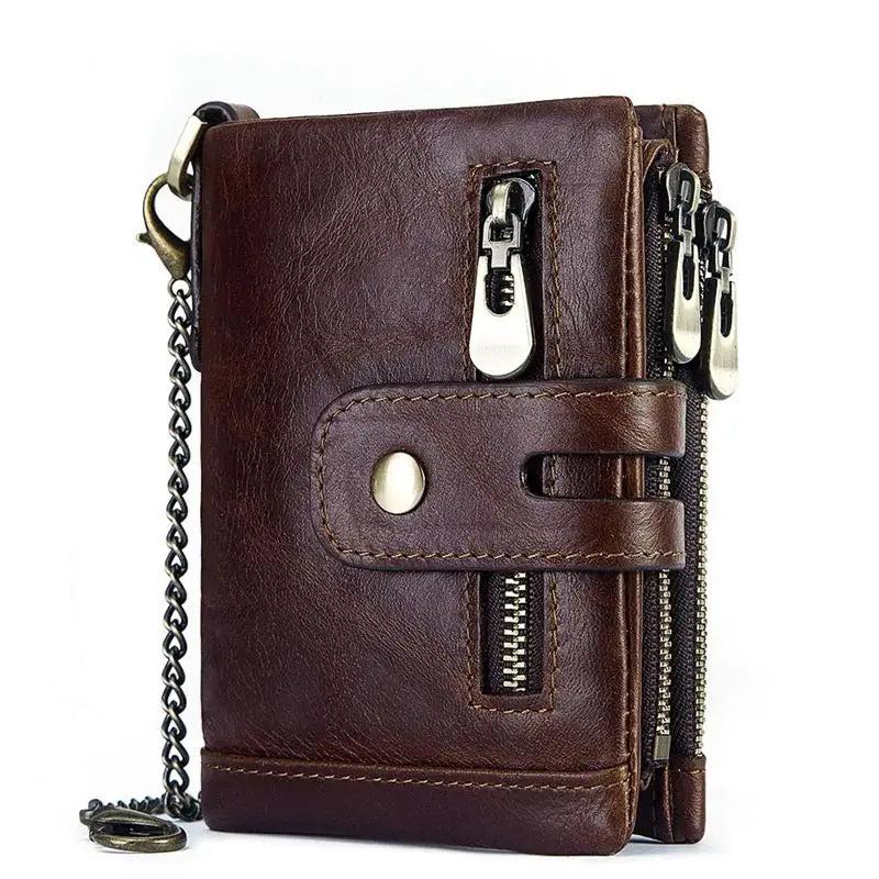 Cowhide RFID Anti-Theft Leather Wallet with Iron Chains