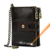 Men Leather Wallet Chain Zipper Male Purse Engraving Vintage High Quality