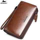 Men's Natural Wax Oil Skin Wallet with Dual Zipper Compartment