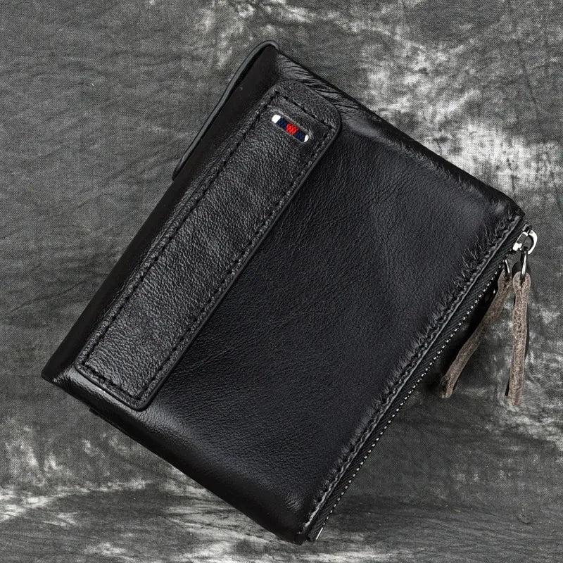 Anti RFID Double Zipper Wallets Crazy Horse Leather Men's Wallet