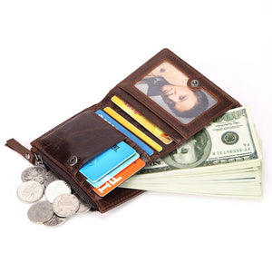 Men's Double Zipper Oil Wax Leather Wallet Coin Purse
