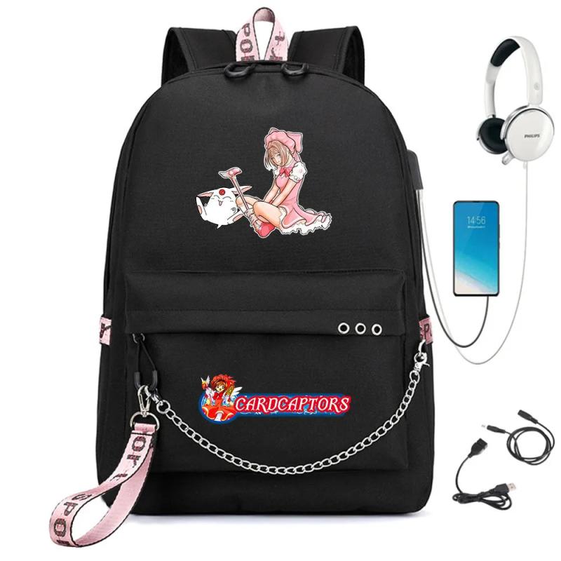 Cardcaptor Sakura Nylon Backpack Casual USB Charge Schoolbag Packsack Cartoon