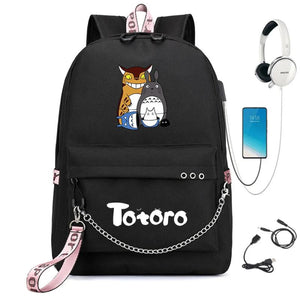 Anime Totoro Print Backpack USB Charging Headphone Zipper Cart