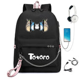Anime Totoro Print Backpack USB Charging Headphone Zipper Cart