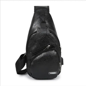 Men's Leather Chest Bag USB Charging Waterproof Crossbody Bag