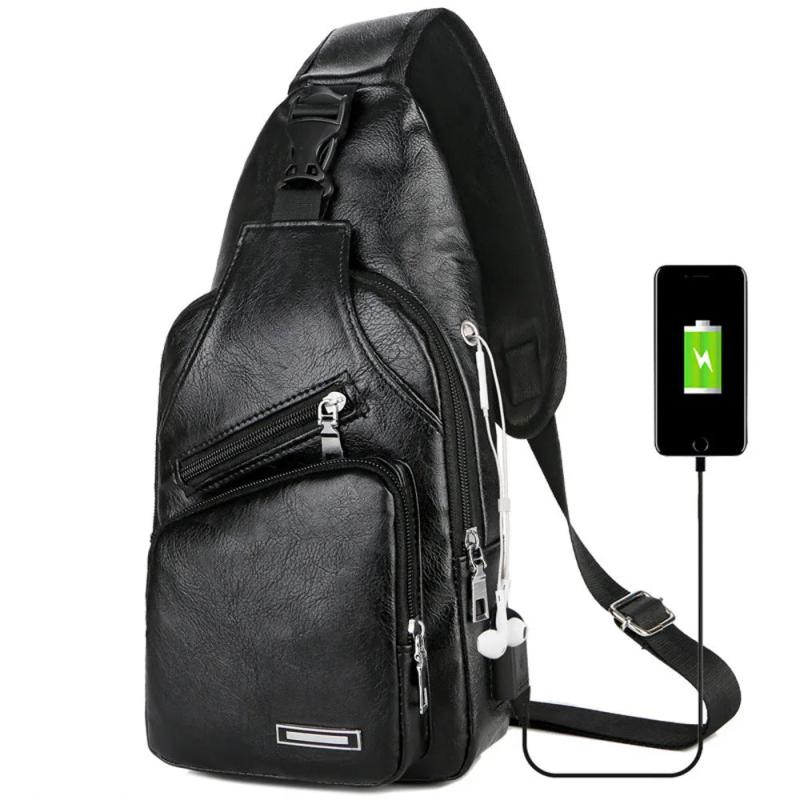 Men's Leather Chest Bag USB Charging Waterproof Crossbody Bag