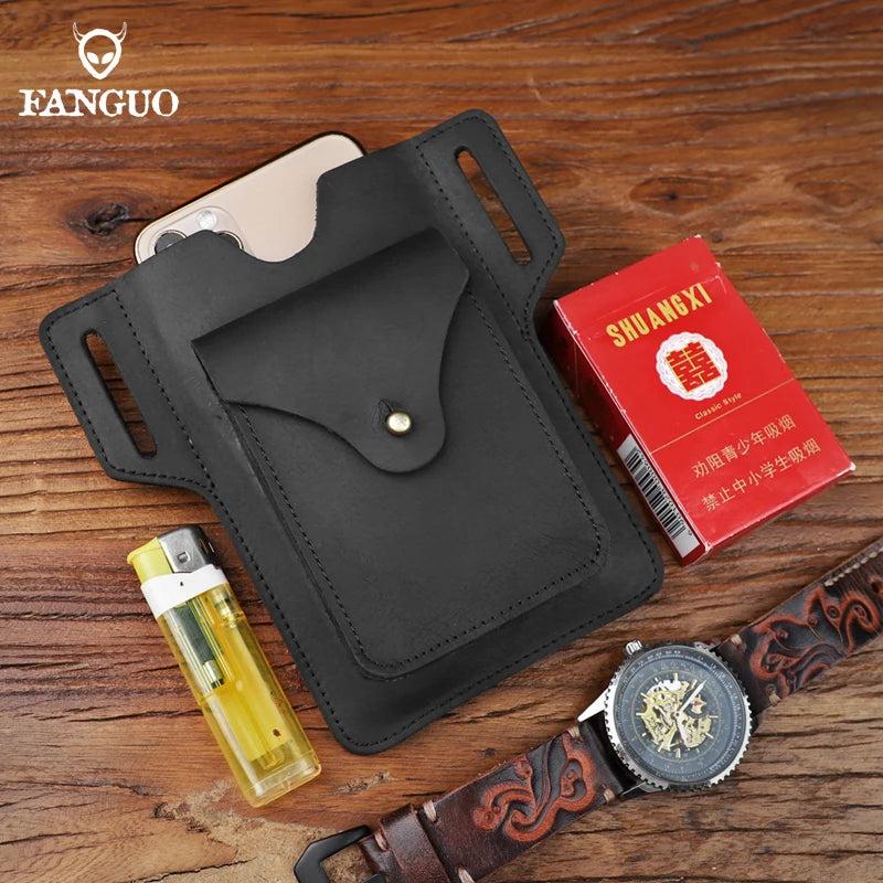 Crazy Horse Leather Waist Pack Phone Bag Belt Loop Hook Waist Pouch Brown