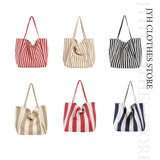 Striped Canvas Tote Bag Women Beach Handbag Large Casual Top-handle Bag