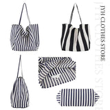 Striped Canvas Tote Bag Women Beach Handbag Large Casual Top-handle Bag