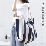 Striped Canvas Tote Bag Women Beach Handbag Large Casual Top-handle Bag