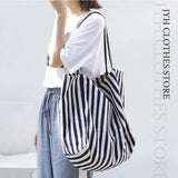 Striped Canvas Tote Bag Women Beach Handbag Large Casual Top-handle Bag