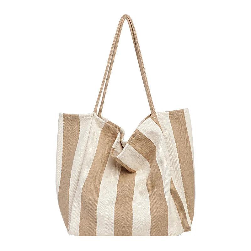 Striped Canvas Tote Bag Women Beach Handbag Large Casual Top-handle Bag