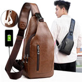 Vintage Leather Men Chest Bag Crossbody Shoulder Bag