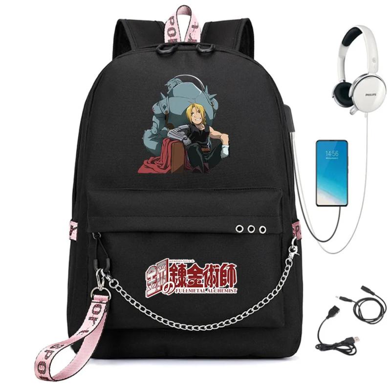 Anime Fullmetal Alchemist Nylon Backpack Schoolbag USB Cartoon Teenger Travel La