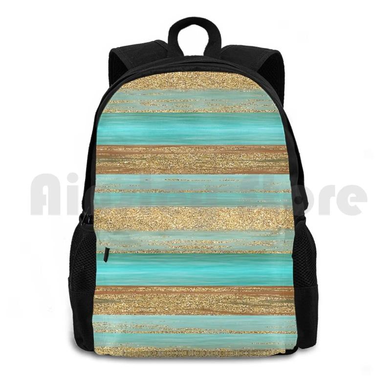 Turquoise Brown Glitter Stripes Art Outdoor Hiking Backpack
