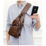 Men Teen Leather Chest Pack USB Charging Sling Bag