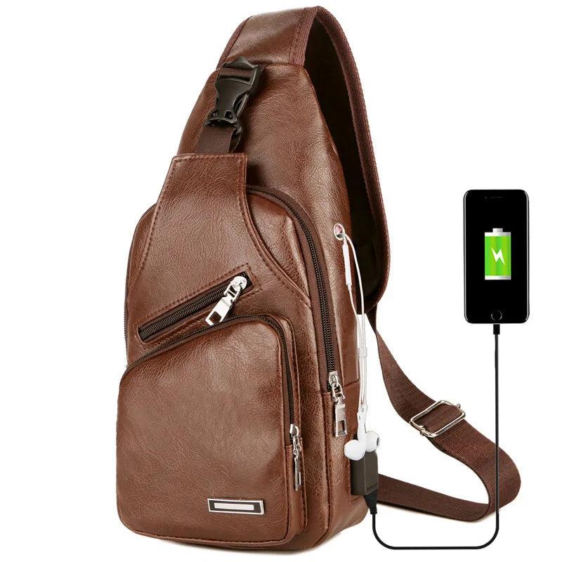 Men Teen Leather Chest Pack USB Charging Sling Bag
