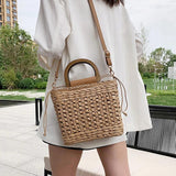 Straw Tote Bag Drawstring Closure Wooden Handle Beach Shoulder Bag